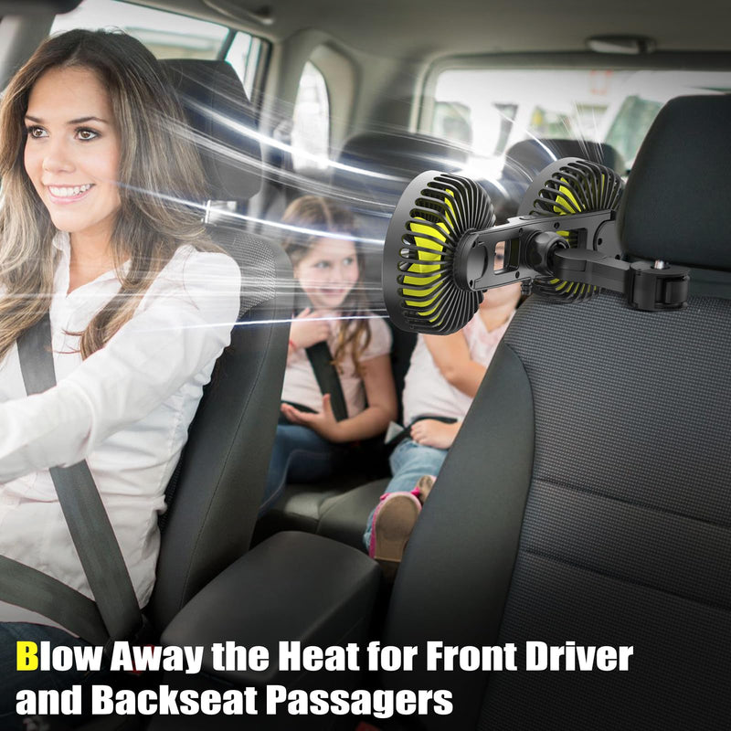 Car Fan, Dual Heads Car Fan for Backseat USB Car Rear Seat Fan Car Cooling Fan, 3 Speeds 360° Rotatable Strong Wind Portable USB Fan with Adjustable Clip Electric Car Fans for Vehicles RV SUV Truck