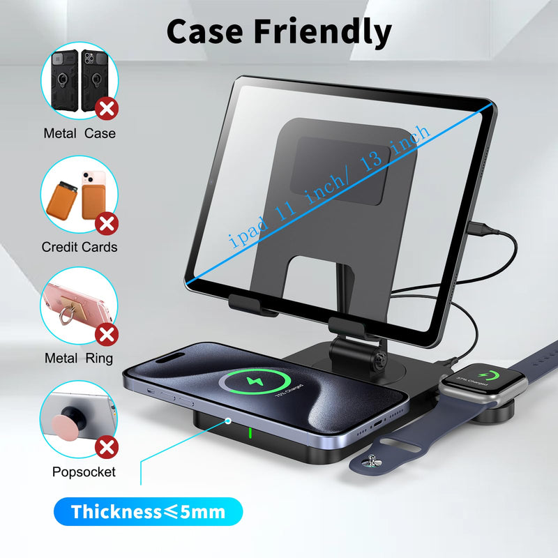 Wireless Charging Station for Multiple Devices Apple, Magsafe Charger for iPhone 15 Pro Max/14/13/12, Foldable Watch Charger for Apple Watch 9, Rotating iPad Charging Station with 45W Adapter
