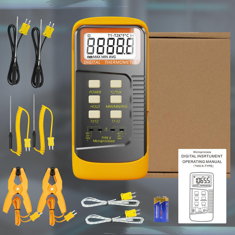Handheld Thermocouple Thermometer, 2 Channels K Type Thermocouple Probe and 4 Thermocouples, Measuring Range -50°C to 1370°C(-58°F to 2498°F),Contains 2 Stainless Steel K Type Thermocouples 6802-02