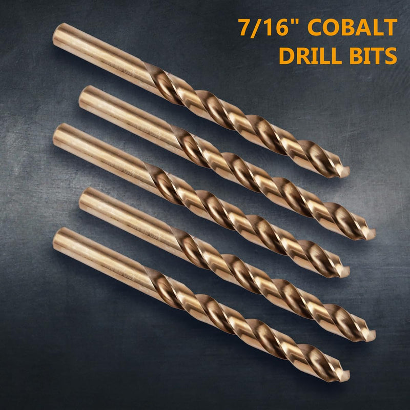 POWERTEC 7/16" Cobalt Drill Bits - 5 Pack - 5-35/64" Length - M35 HSS Jobber Length Twist Bits with 135° Tip for Drilling Wood, Metal, Stainless Steel, Nickel Alloy, Cast Iron & Plastic (QDB2020V) 7/16", 5PK