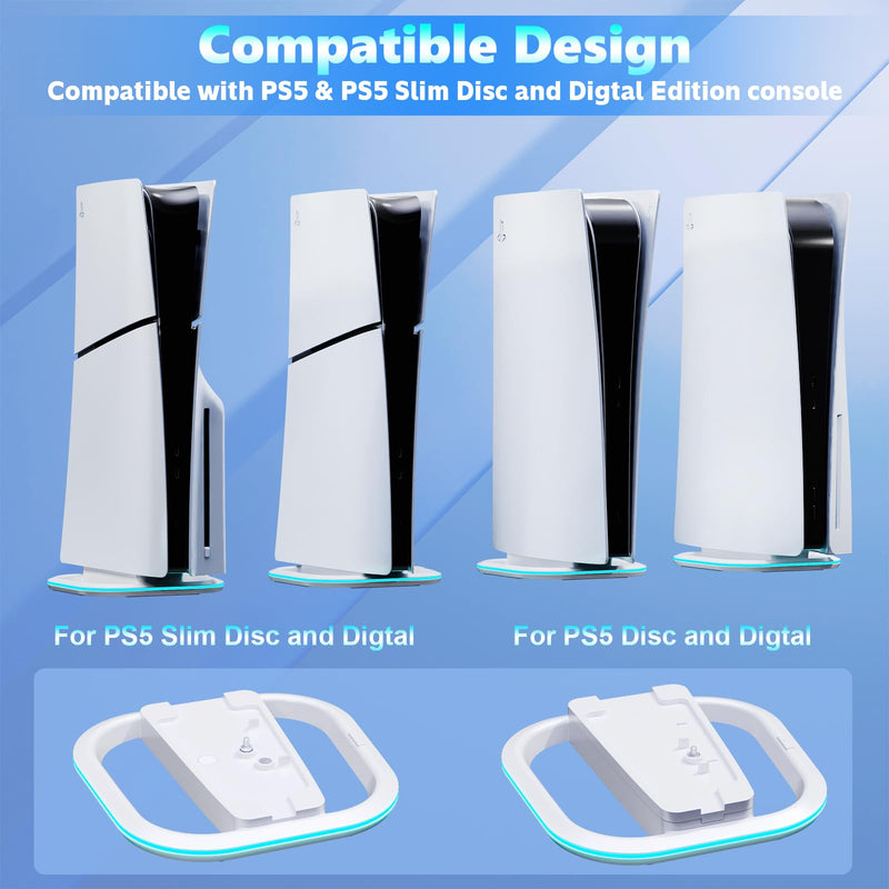 Vertical Stand for PS5/PS5 Slim Consoles, Playstation 5 Vertical Stand with 7 RGB Lights for PS5 Digital/PS5 Disc, PS5 Slim Digital/PS5 Slim Disc Console with Screw,White White