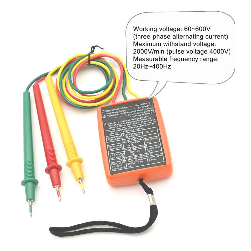 Phase tester, rotating field measuring device AC60V ~ 600V, rotation display tester detector meter, 3 phase sequence presence rotation tester with buzzer tester and crocodile clips, voltage tester for high-voltage devices