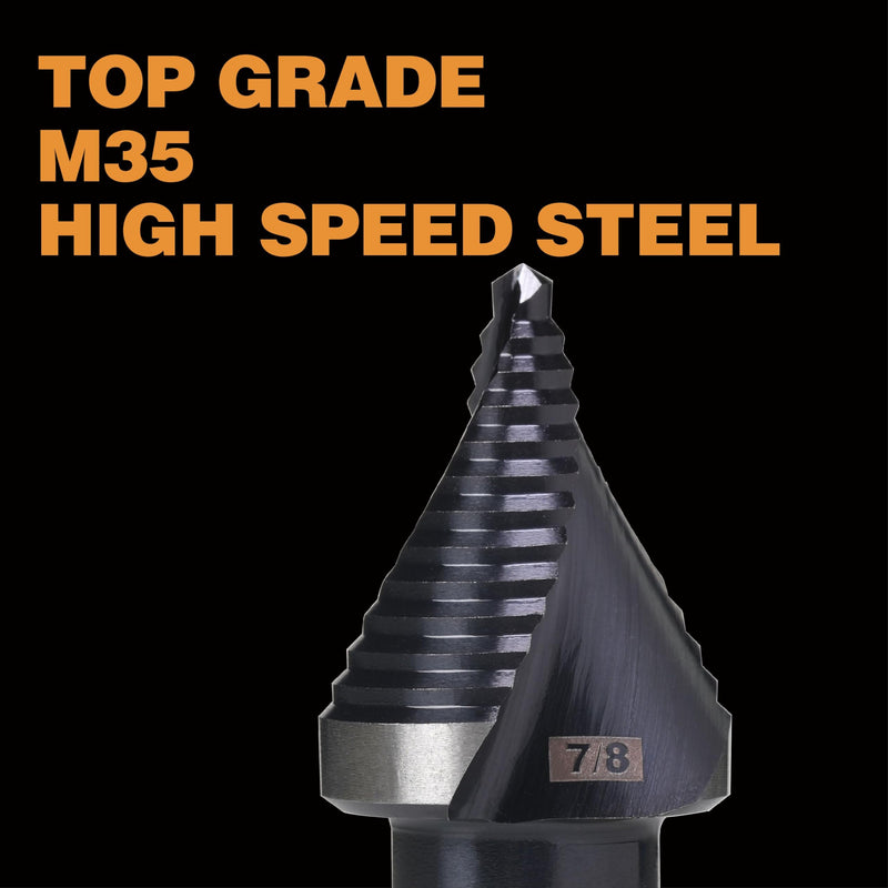 M35 HSS 7/8 Inch Step Drill Bit, Single Size Unibit with Double Spiral Flutes for Drilling Small Holes on Stainless Steel, Metal, Wood, Plastic 1 Single Size 7/8" (2 Flutes)