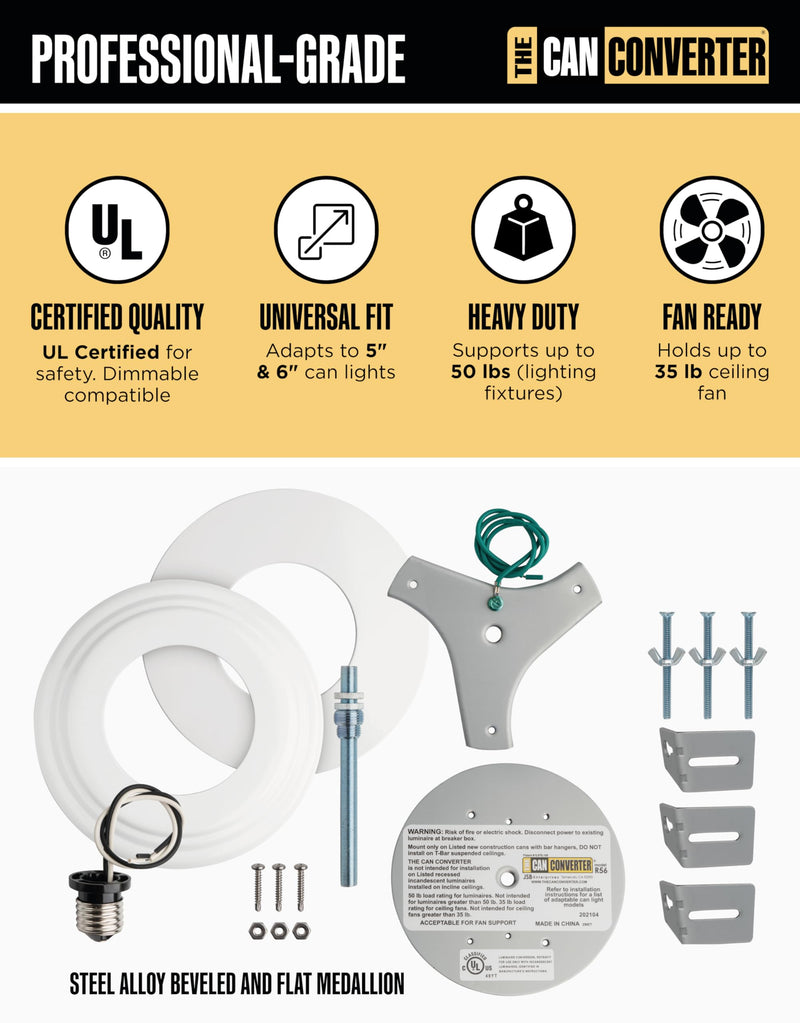 The Can Converter R56 Recessed Can Light Conversion Kit w/ 7"¾ Flat & Beveled Steel Ceiling Medallion - Home Improvement for 5" & 6" Cans, Fan & Light Fixture Converter Kit, UL Certified, White