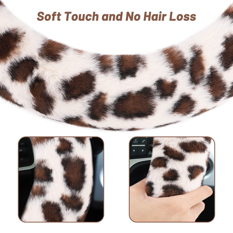 Fuzzy Steering Wheel Cover for Women Girls, Accmor Universal Fit 15 inch Fur Car Wheel Cover & Handbrake Cover & Gear Shift Cover Set, Fashion Leopard Winter Warm Fluffy Vehicle Wheel Protector Beige/Dark Brown Leopard short hair