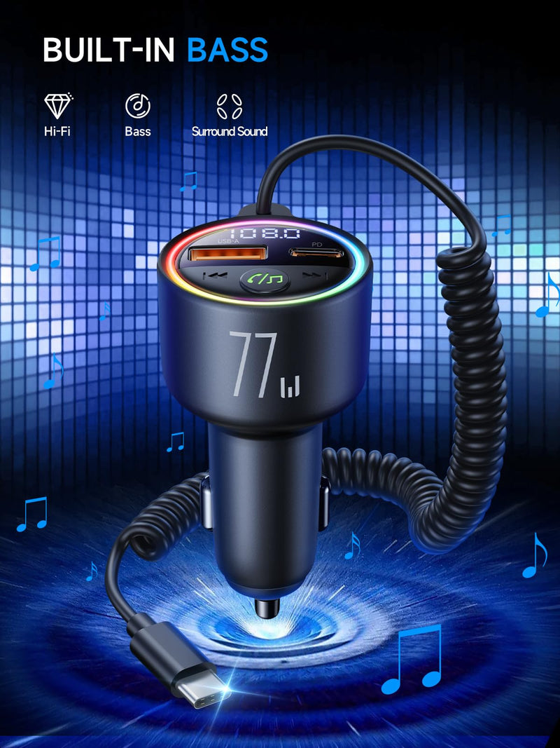 77W Bluetooth 5.4 FM Transmitter Car Adapter [PD3.0 65W+12W Fast Charging] Bluetooth Car Adapter [Deep Bass&Lossless Call Sound] Radio Bluetooth Transmitter for Car HiFi Mic & Colors LED Display