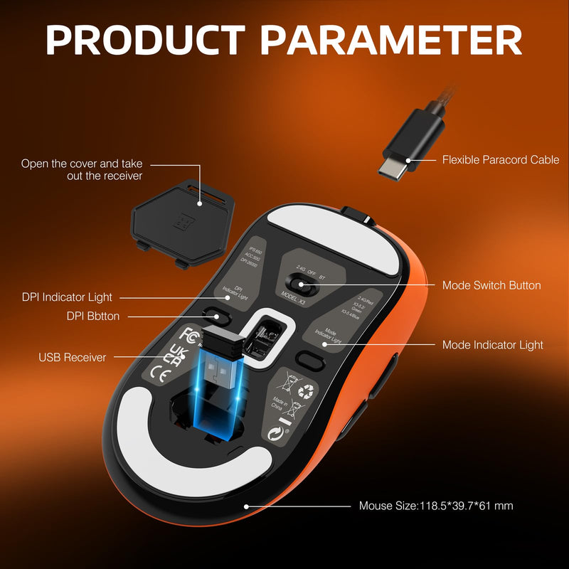 ATTACK SHARK X3 Wireless Gaming Mouse, 49g Ergonomic Computer Mouse, Triple Modes PAW3395 26K DPI Optical Sensor, 200h Battery Life, Programmable Buttons, Gaming Accessories for PC/Laptop/Mac(Orange) Orange