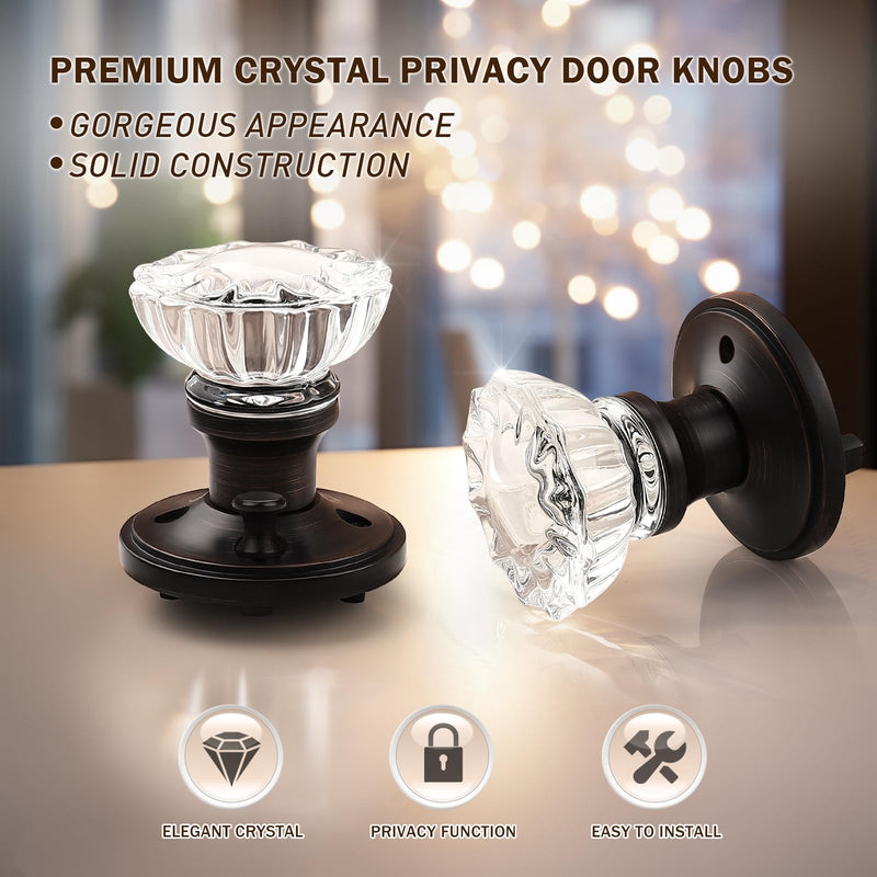 KNOBWELL Modern Round Crystal Door Knobs with Lock, Frosted Glass Design, Privacy Function for Bed and Bath, Oil Rubbed Bronze 1 Pack