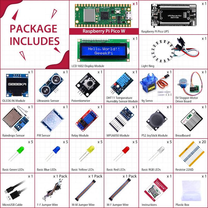 GeeekPi Ultimate Kit for Raspberry Pi Pico W with Headers, Detailed Tutorials, Project Examples, Various Items for MicroPython Programming
