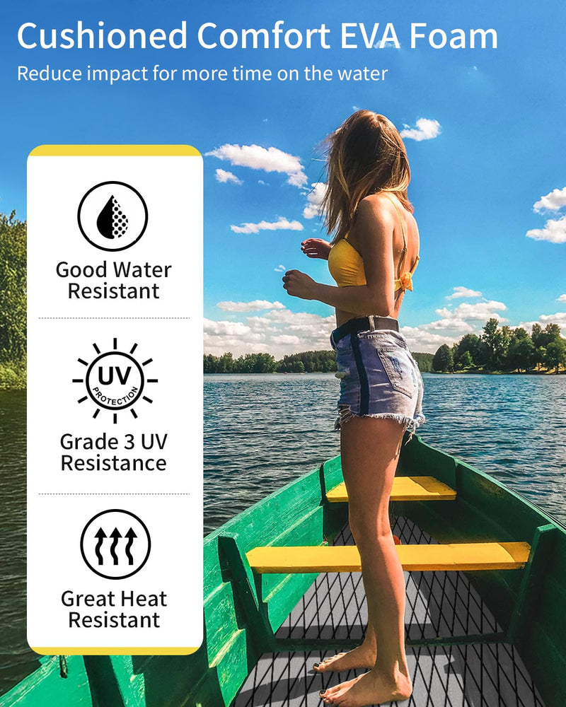OCEANBROAD Diamond Boat Flooring with Self-Adhesive 96''x16''/38''/47'' | Double-layer, Non-Slip, 6 mm Eva Foam Marine Decking, Easy to Install, For Motor Pontoon Boats, RV Floor, Kayak, Surfboard Gray with Black Lines 96''L x 16''W-10.67sqft