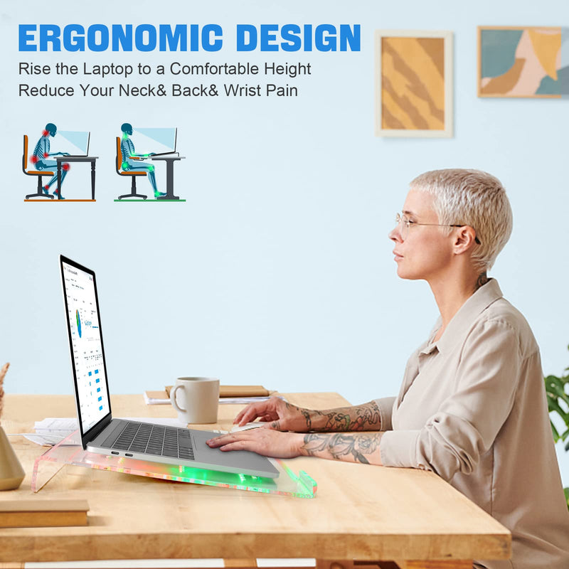 Acrylic Laptop Stand Clear Tablet Holder with 366 Kinds of RGB Backlight,Multiple Heat Dissipation Vents Ergonomic Tilted Mount Riser for PC,Notebook,MacBook,Phone from 10 to 17.3 Inch Work/Home