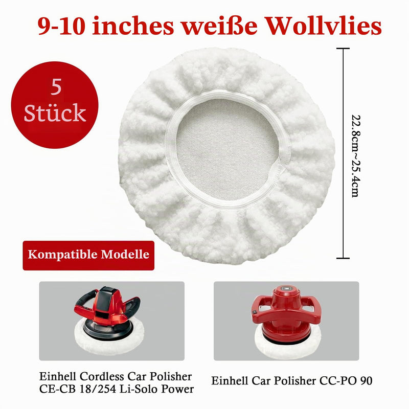 Pack of 5 Lambswool Polishing Covers for Einhell CE-CB 18/254 Li, CC-PO 90 | Cordless Car Polishers, for 220mm-250mm Polishers, 9-10 inch Car Polishing Pad for Waxing and Polishing Cars