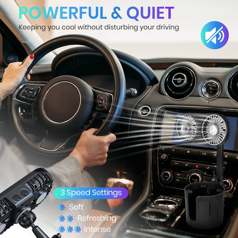 Car Fan, Car Fan Cup Holder with Colorful Lights, USB Portable Vehicle Cooling Air Fan for Car SUV, RV, Truck, 3 Speed, 360 Degree Rotatable, 6.6" USB Powered Electric Car Fans (Dual Head) Dual Head