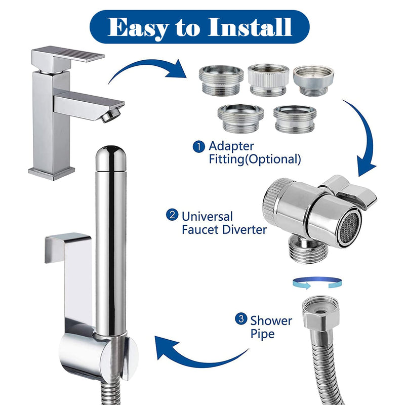Handheld Shower with Faucet Douche Attachments, Shower 3 Heads in Aluminium - with Faucet Splitter, 59 inch Hose and Hook up Toilet or Wall Mount