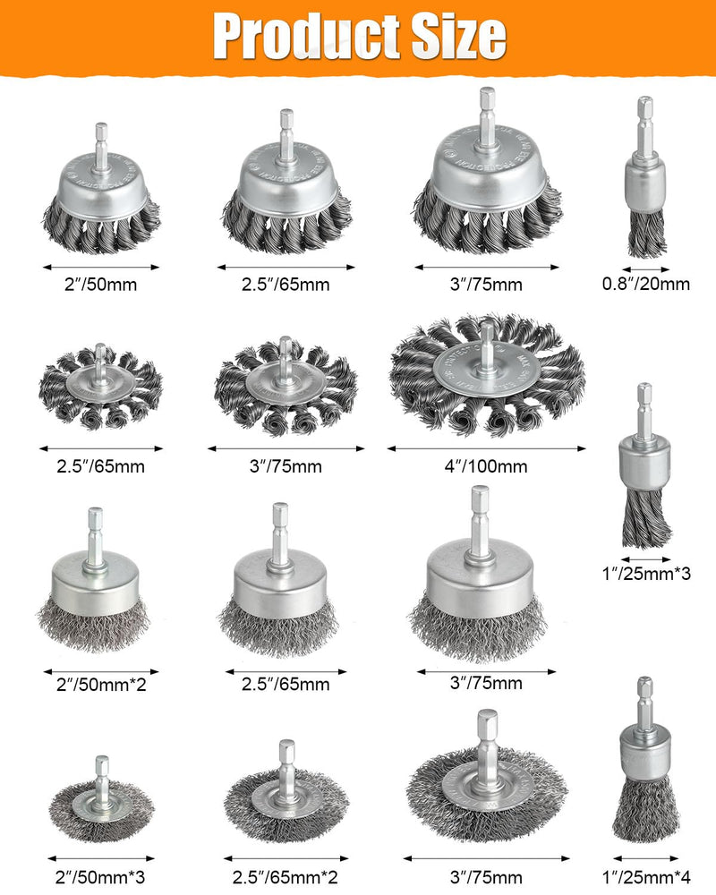 24 Pcs Wire Wheel Brush for Drill, Heavy Duty Drill Wire Brush Set, 1/4'' Hex Shank Wire Brush Drill Attachments Coarse Carbon Steel Crimped, Great for Cleaning Rust, Paint, Abrasive 24pcs(Twisted & Carbon Steel Wire)