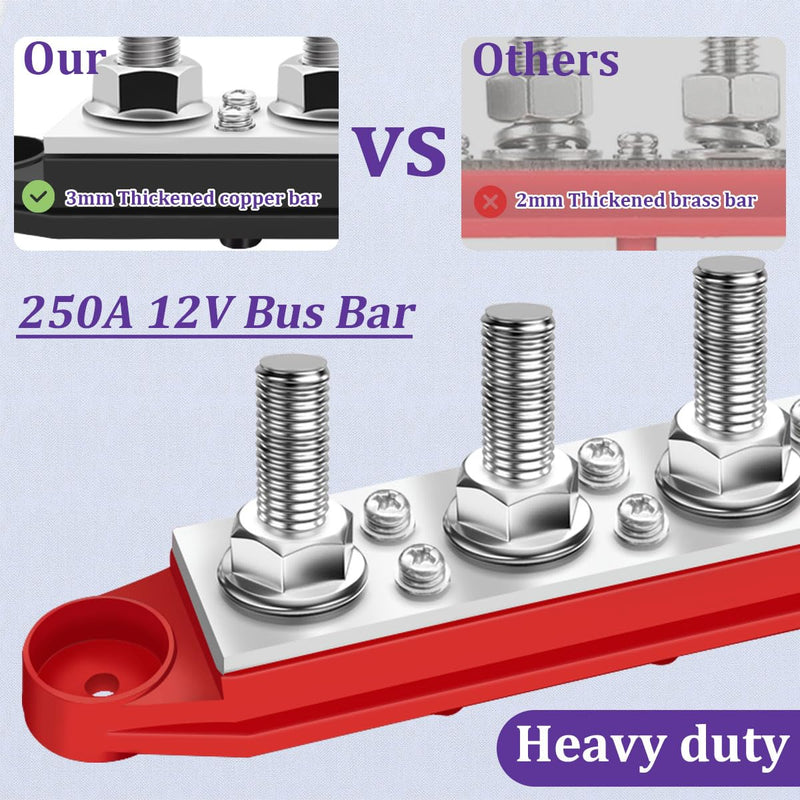 250A 12V Bus Bar Marine 12V,Power Distribution Block with Cover with 4 x 3/8”Post 6 x #8 Screws Terminals,Battery Bus Bar with 4PCS Battery Lugs and 4PCS Heat Shrink Tubing for Car Boat Solar Wiring 250A 4x3/8"+6x#8(M4)