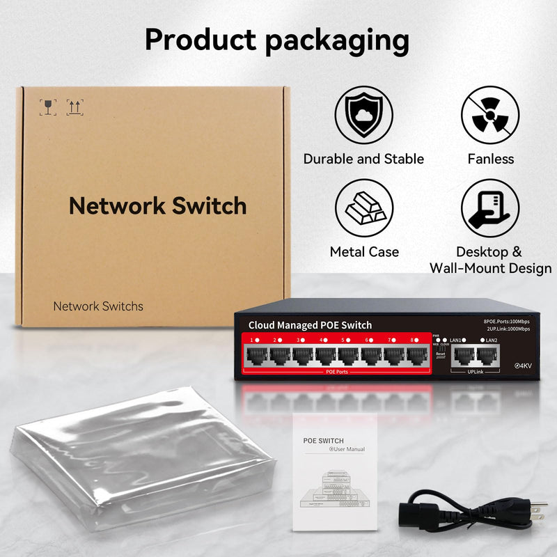 STEAMEMO PoE+ Switch, 8 Port Managed PoE Ethernet Switch(8 POE Ports +2 Uplink),120W Built-in Power, Support VLAN, QoS, Fanless Metal, Plug & Play (Desktop/Wall Mount) 10 Ports|120W 8xPoE+