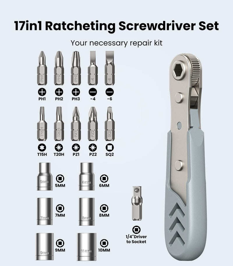 AXTH 17in1 Right Angle Ratcheting Screwdriver Set, [Bearing Steel] 36-Tooth Mini Ratchet Wrench, Men Gifts, Low Profile Ratchet Screwdriver, Magnetic Offset Screwdriver Repair Tool