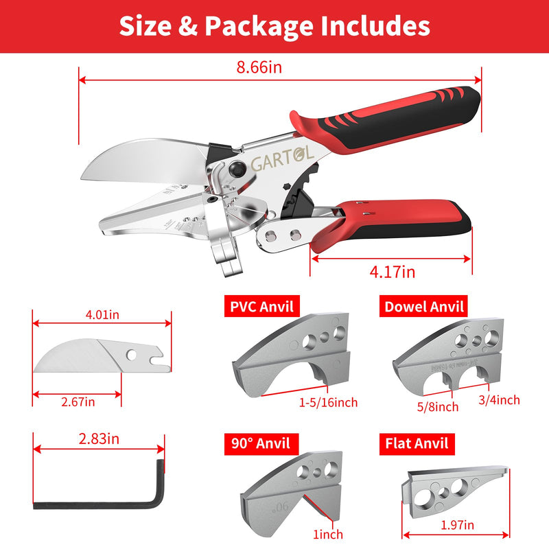 GARTOL Ratchet Miter Shears, 45°-135° Adjustable Multi-Angle Cutter for Molding, Trim & Quarter Round – Precision Hand Tool for PVC & Soft Wood – Includes 5 Anvils & Replaceable Blade HD-3100 S