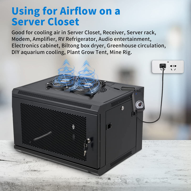 Dual 120mm High CFM Computer Fans with AC Plug, AC 110V - 240V Variable Speed Fan, Cooling for Server Closet Cabinet Mining Machine Chassis Workstation 9.5in fan with speed controller