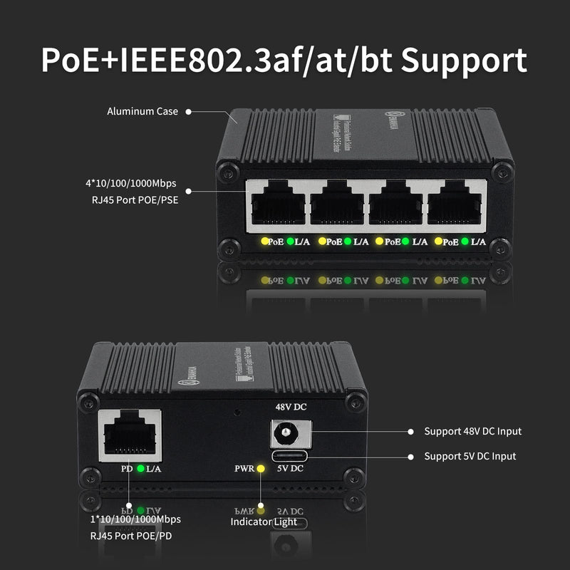 Mini Gigabit PoE Extender, IEEE802.3af/at/bt Network PoE Switch Signal Extender, 10/100/1000Mbps, Support PoE Network Extension 100m(328ft), Plug and Play, for Security Systems IP Camera