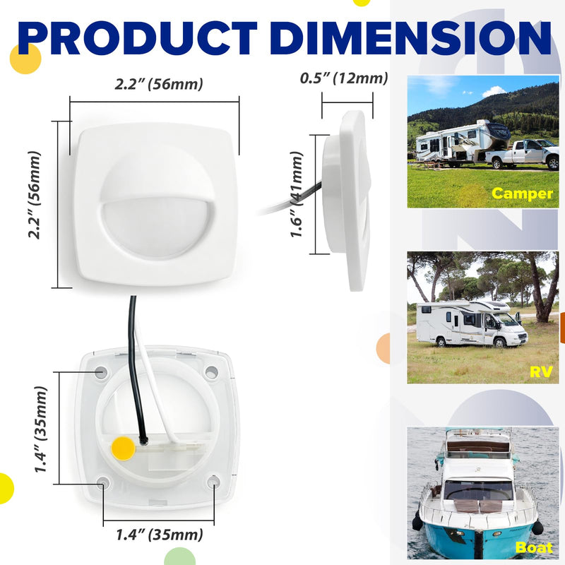 Boat Courtesy Lights, 2.2 Inch Square White Bezel Boat Deck Lights 12 volt LED Recessed Mount Low Voltage Mini Stair Light for Marine Sailboat Trailer RV Step Light 0.2W 15LM 6500K Lighting, 6-Pack Cold White Light