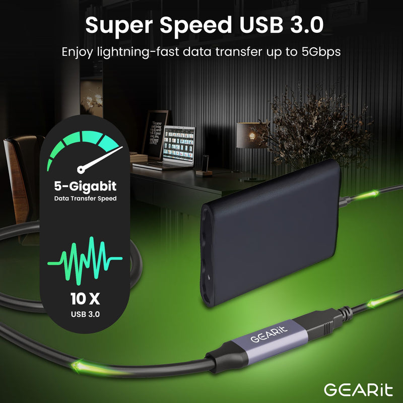GEARit USB 3.0 Active Extension Cable (30 Feet) A-Male to A-Female USB Repeater with Signal Booster for Oculus Rift, Quest Link, Xbox 360 Kinect, PlayStation, Printer, Webcam - 30ft 30 Feet Black