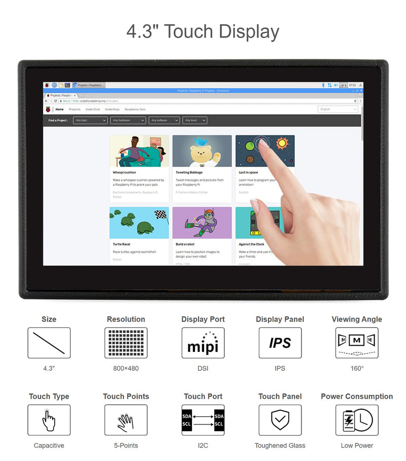 Waveshare 4.3 Inch Touch Screen DSI LCD with Case for Raspberry Pi 4B, 800×480 Resolution Monitor IPS Capacitive Screen Support Raspbian/Ubuntu/Kali/Retropie/WIN10 IoT 4.3 inch DSI LCD (with case)