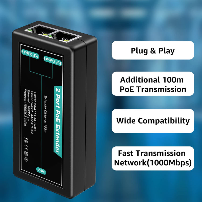 VIMIN 2-Port Gigabit PoE Extender, 1 in 2 Out Indoor PoE Repeater Support IEEE802.3af/at with 1000Mbps, Extend Additional 100m(328ft) of Power and Data Transmission, Plug & Play, Mini Size 3-Port Gigabit Extender(Indoor)