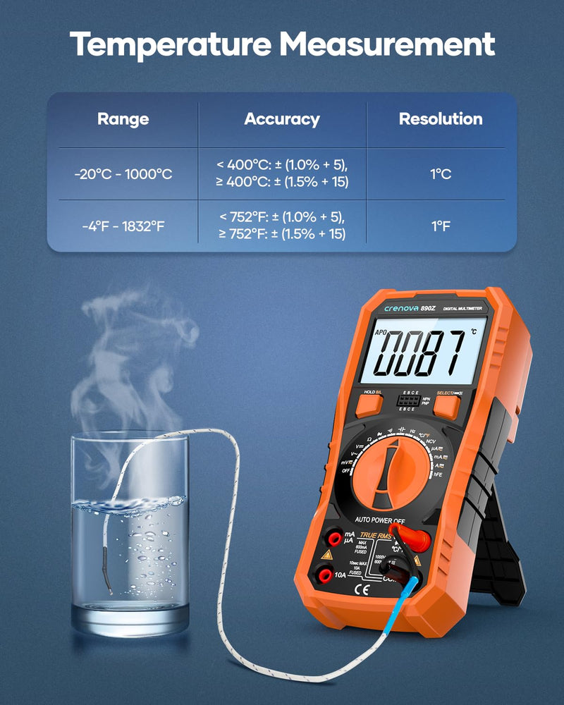 Crenova 890Z Digital Multimeter 6000-Count TRMS 1000VDC/750VAC Auto-Ranging | Measures AC/DC Voltage, Current, Resistance, Capacitance, Diode, Continuity, Transistor (hFE), Temperature, NCV