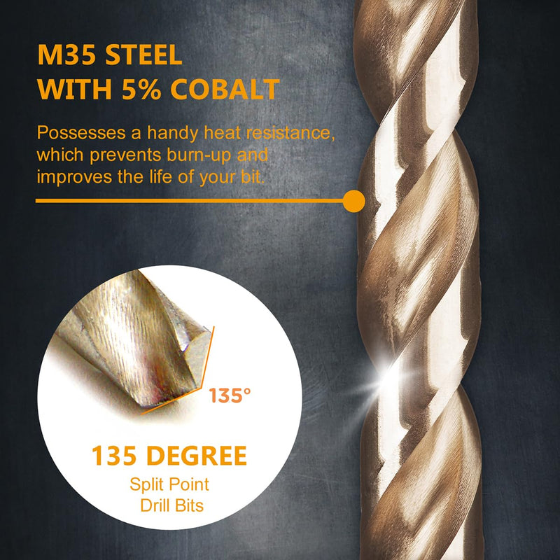 POWERTEC 7/16" Cobalt Drill Bits - 5 Pack - 5-35/64" Length - M35 HSS Jobber Length Twist Bits with 135° Tip for Drilling Wood, Metal, Stainless Steel, Nickel Alloy, Cast Iron & Plastic (QDB2020V) 7/16", 5PK