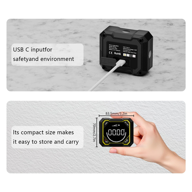Digital Angle Finder with Laser, Magnetic Inclinometer, USB Rechargeable | 4x90° angle measurement with backlit LCD, auto-rotating display and magnetic base for woodworking, construction and DIY.