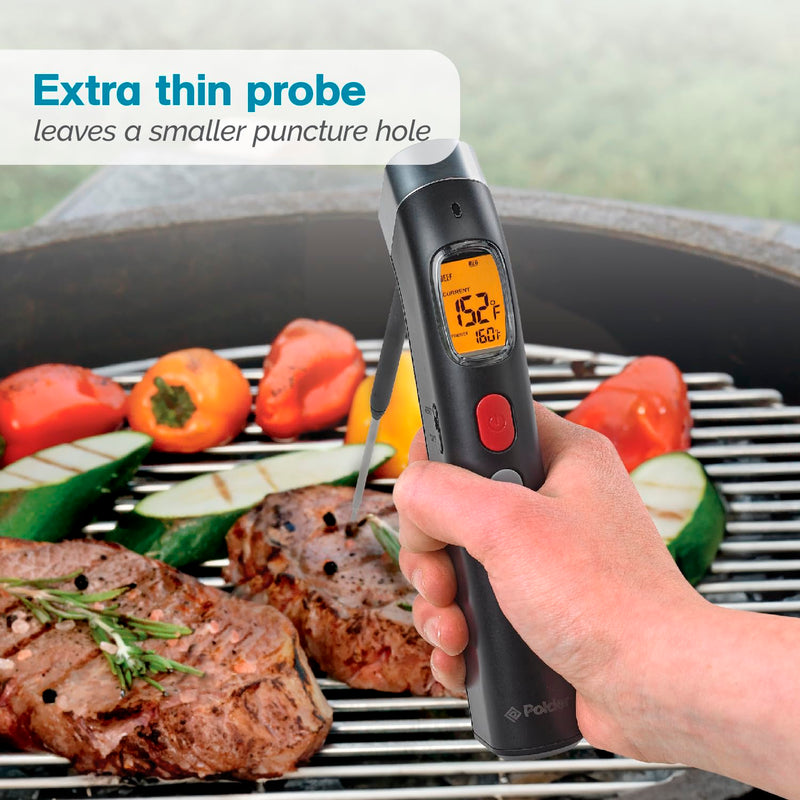 Polder Grill Partner Instant Read Thermometer for Grilling with Foldable 10" Probe, 10 Preset Temperatures and Built-in Torch Light