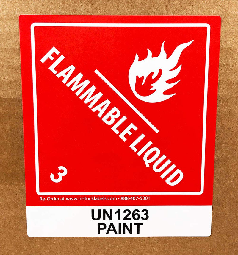 Hazard Class 3 D.O.T. UN1263 Paint Flammable Liquid Labels, 4 x 4 3/4 Inch Square Red and White Hazmat Stickers, 500 Total Adhesive Labels on a Roll – Made in the USA