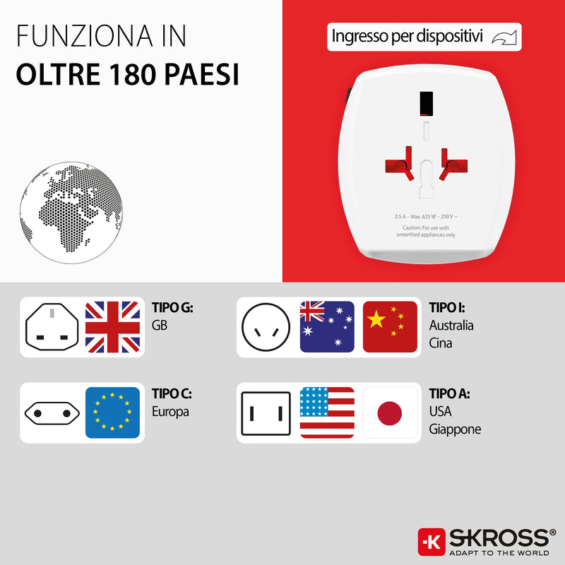 SKROSS Universal Travel Plug with USB and USB C, 1.302962, White