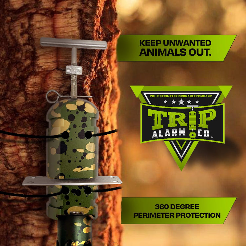 Trip Wire Reel and Trip Alarm Bundle Set - 12 Gauge Quad 3.0-85 ft Kevlar Reusable 50 lb Reels - Perimeter Defense Device 360° Coverage Warning Security for Camping Safety 4 Pack Reel Camo