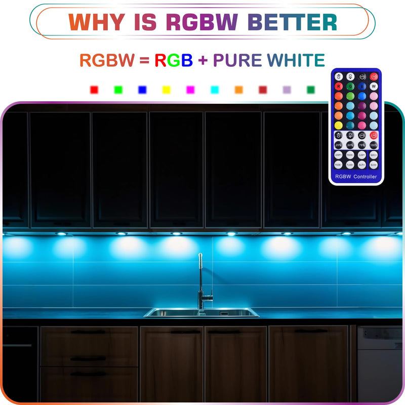 RGBW Under Cabinet LED Puck Light Kit, Collection Display Cases Lighting, Multi Color Changing & True White, Remote Control Dimmable, Daisy Chained Linkable, 120V Wall Plug-in, 4 Lights 4 Lights Kit