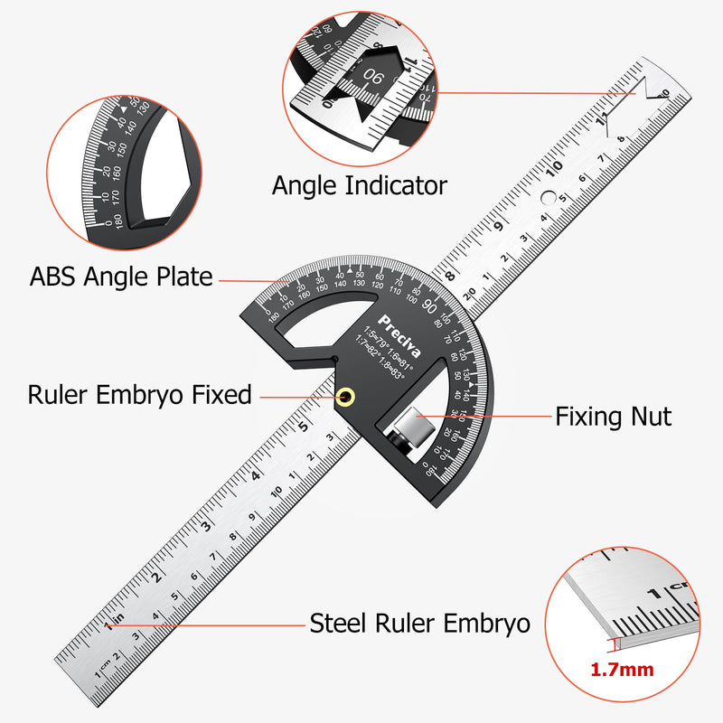 Protractor, stop square Preciva universal combination square with ruler stop for precise marking and drawing with multi-angle stop ruler protractor High-quality professional measuring tool
