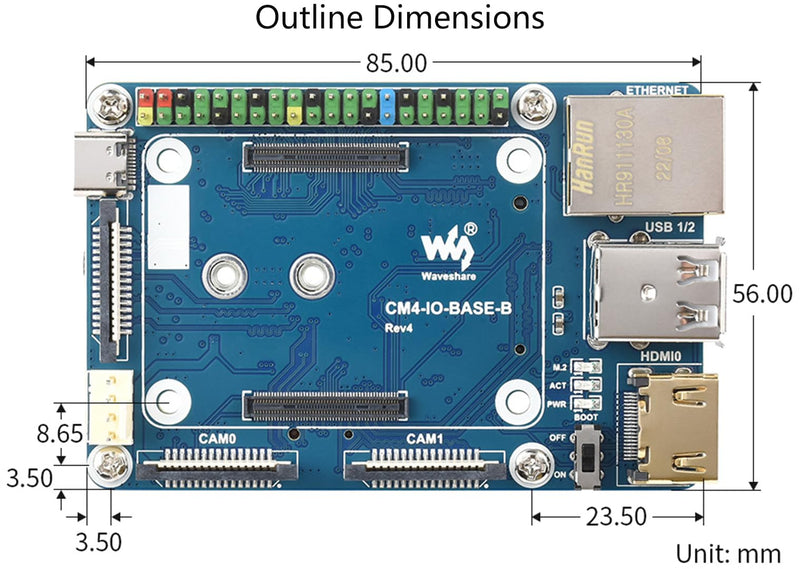 Mini Base Board (B) for Raspberry Pi Compute Module 4 Lite/eMMC Series Module,Onboard Dual MIPI CSI Camera Ports/DSI/RTC/FAN/HDMI/USB/RJ45 Gigabit Ethernet/TF Card Slot/M.2 Slot Connectors B Version Base Board