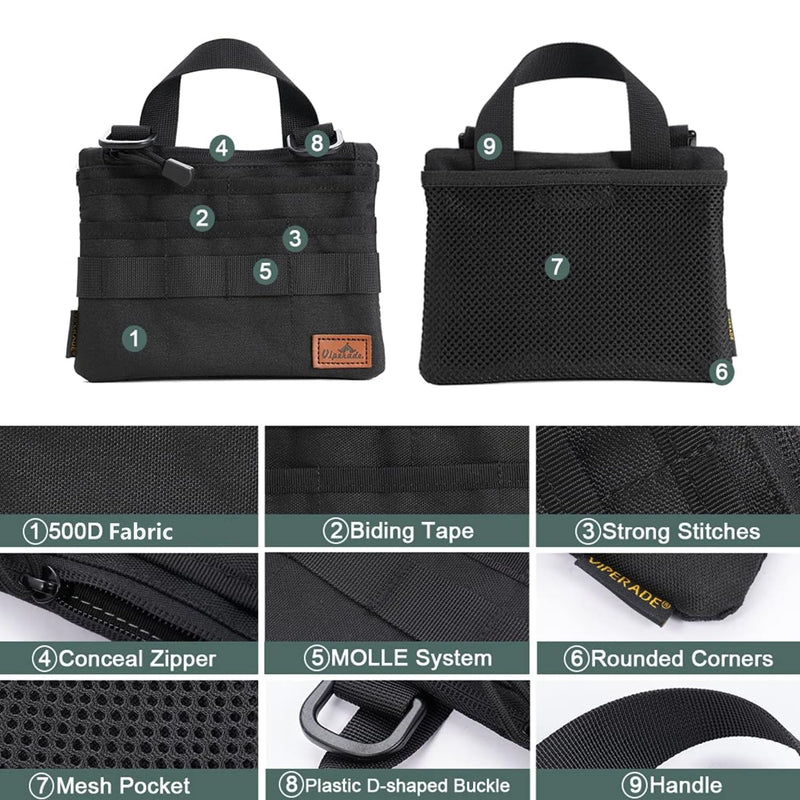 VIPERADE VE5 Slim EDC Pouch with 7 Pockets, Mens Pocket Organizer Multitool Pouch, Mini Crossbody Messenger Bag (No Strap) Black