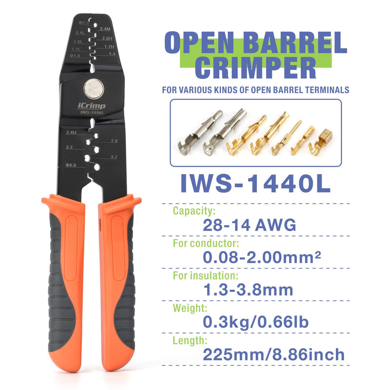 iCrimp Ratcheting Open Barrel Crimper for JST Molex TE Pins, AWG 30-14 | Ratcheting open barrel crimper for JST, Molex and TE connector pins Ratcheting Grip