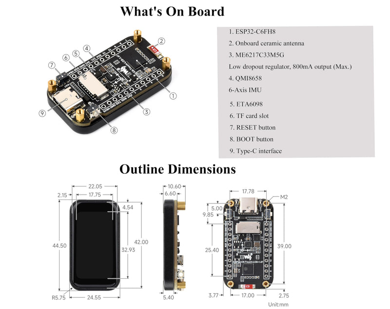ESP32-C6 1.47inch IPS Touch Display Development Board, 172x320 Resolution, 262K Display Color, Supports W-i-F-i 6/BLE 5, 160MHz RISC-V Processor,Smoothly Run GUI Programs, with Pre-soldered Header