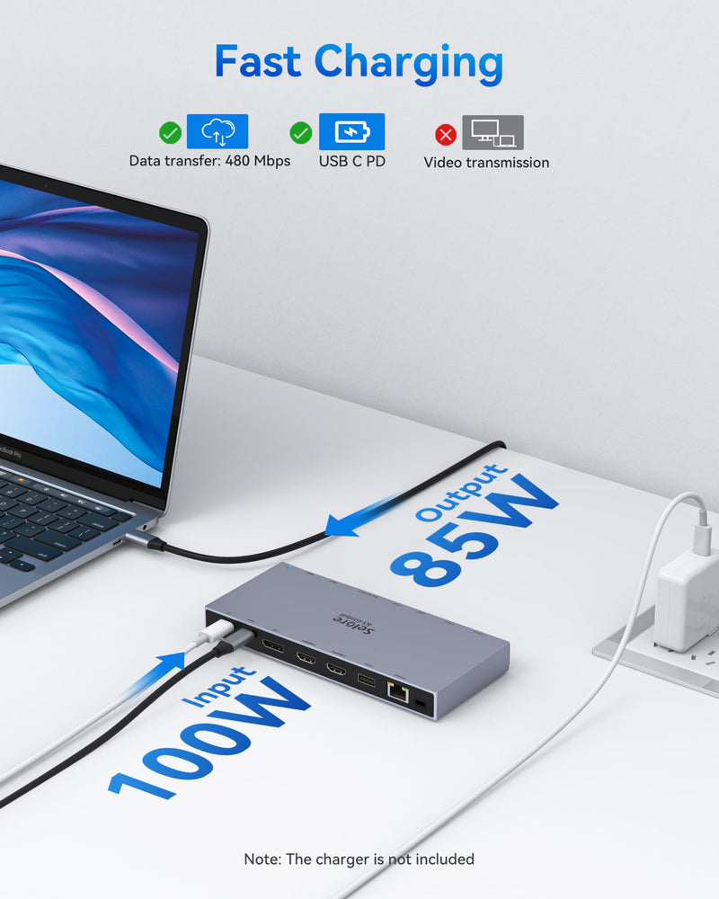 Dual HDMI Docking Station 3 Monitor,USB C Laptop Docking Station with 65W Power Adapter,2 HDMI Port,Displayport,USB 3.1/USB-C Data, Ethernet, Audio,SD&Micro SD Slot,PD Charging for Dell XPS/HP/Lenovo Gray