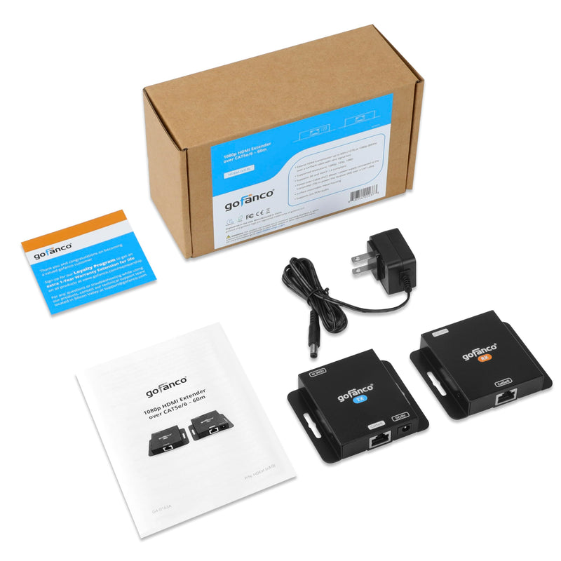gofanco 1080p HDMI Extender Over CAT5e/6 Without Signal Loss – Up to 197ft (60m), 1080p 60Hz, 1080i, 720p, 3D, HDCP 1.4, Power-Over-Cable (PoC), LPCM 2.0 Audio, Surface Mountable (HDExt v3.0) 1080p Extender
