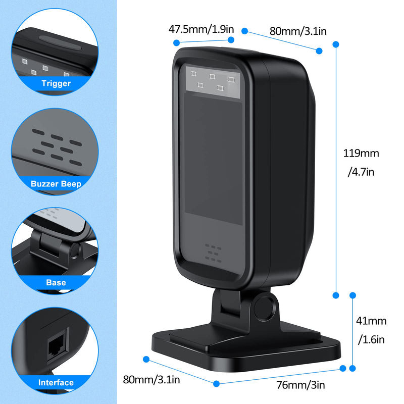 1D/2D Automatic Omnidirectional Desktop Wired USB Bar Code Scanner Reader,Plug and Play,Handsfree Barcode Scanner for Warehouse, Supermarket, Retail Store, Bookstore Pos System