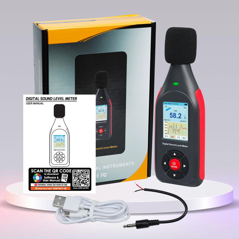 Decibel Meter, Data Logger, Digital Sound Decibel Meter, Sound Level Meter with 43,000 Records and Export, Rechargeable Noise Meter with A/C Frequency and DC Output with Alarm