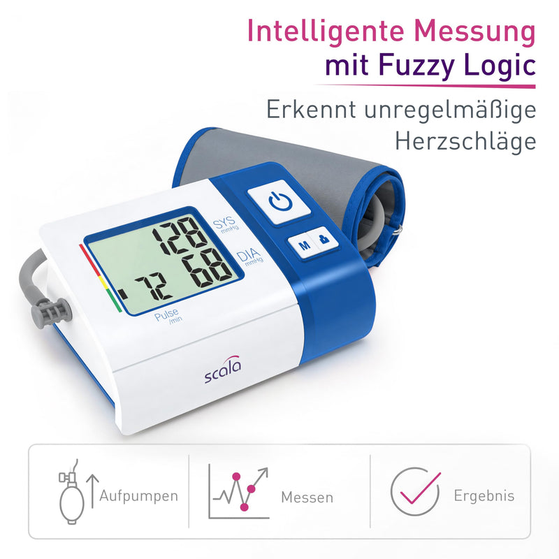 scala SC 7620 blue upper arm blood pressure monitor with compact design for home and on the go. Easy to reliably measure blood pressure independently. (L x B x H) 103 x 153 x 55 mm