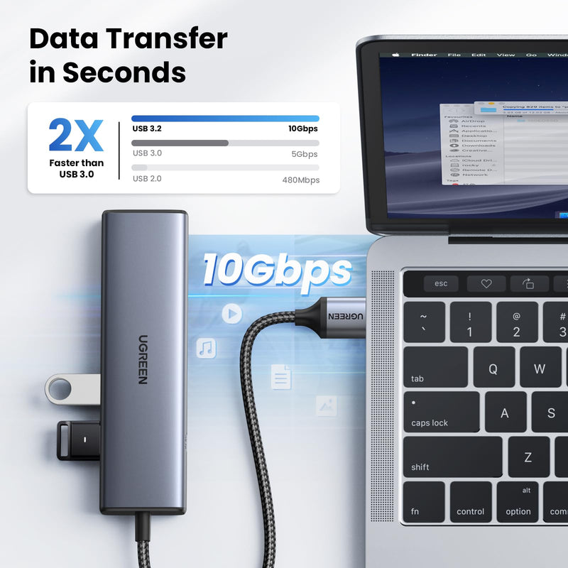 UGREEN USB to Ethernet Adapter, 5 in 1 USB Hub with Ethernet with 2* USB-C 3.2 (10Gbps) + 1*USB-A 3.2/1*USB-A 2.0/Gigabit RJ45, Network LAN Internet Dongle Compatible for Laptop, MacBook Pro/Air, XPS