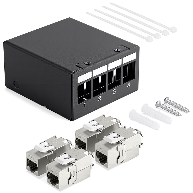 AXFEE CAT 7 Patch Panel, 4-Port Patch Panel Distribution Panel with 4 Jack | 10 Gbps patch panel set with RJ45 keystone, patch panel compatible with CAT6 CAT6a CAT7 installation cable network cable 4 Port + 4 x RJ45 Keystone