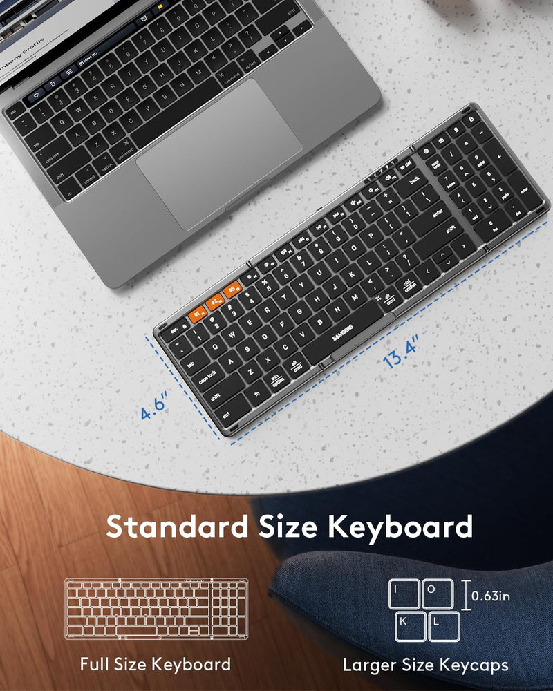 Samsers Foldable Bluetooth Keyboard with Numeric Keypad, Full-Size Wireless Folding Keyboard with PU Leather, Portable Travel Keyboard for iOS Android Windows Mac OS, Support 3 Device(BT5.1 x 3) Space Gray